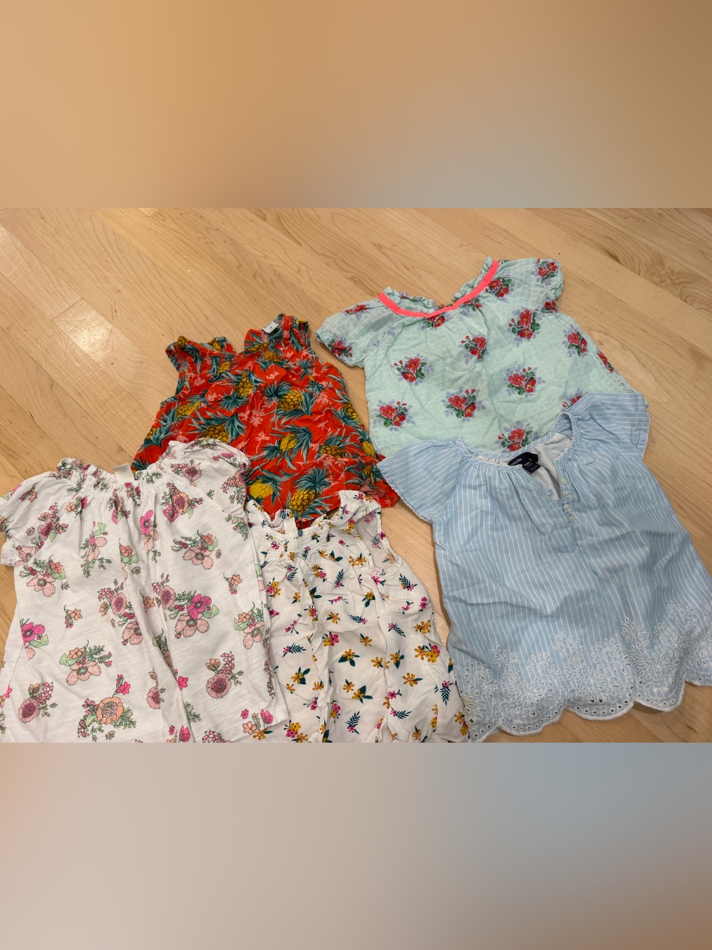Toddler Girls Floral & Striped Top Lot - Red, Light Blue, White, Mint